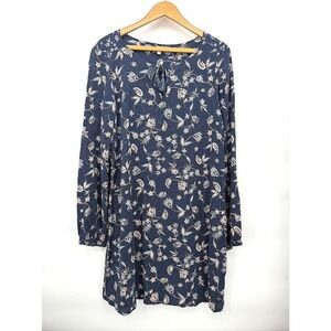 Roxy Dress Shift Shirt Floral Long Sleeve Tassel Tie Cottage Core Casual Size LG